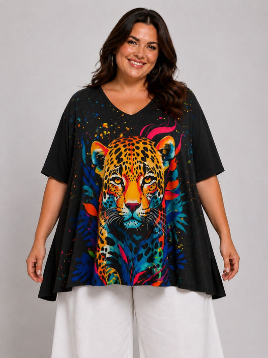 Frenzi Shirt A-Linie Leoparden-Print – Bunt auf Schwarz | Einheitsgröße 44–58