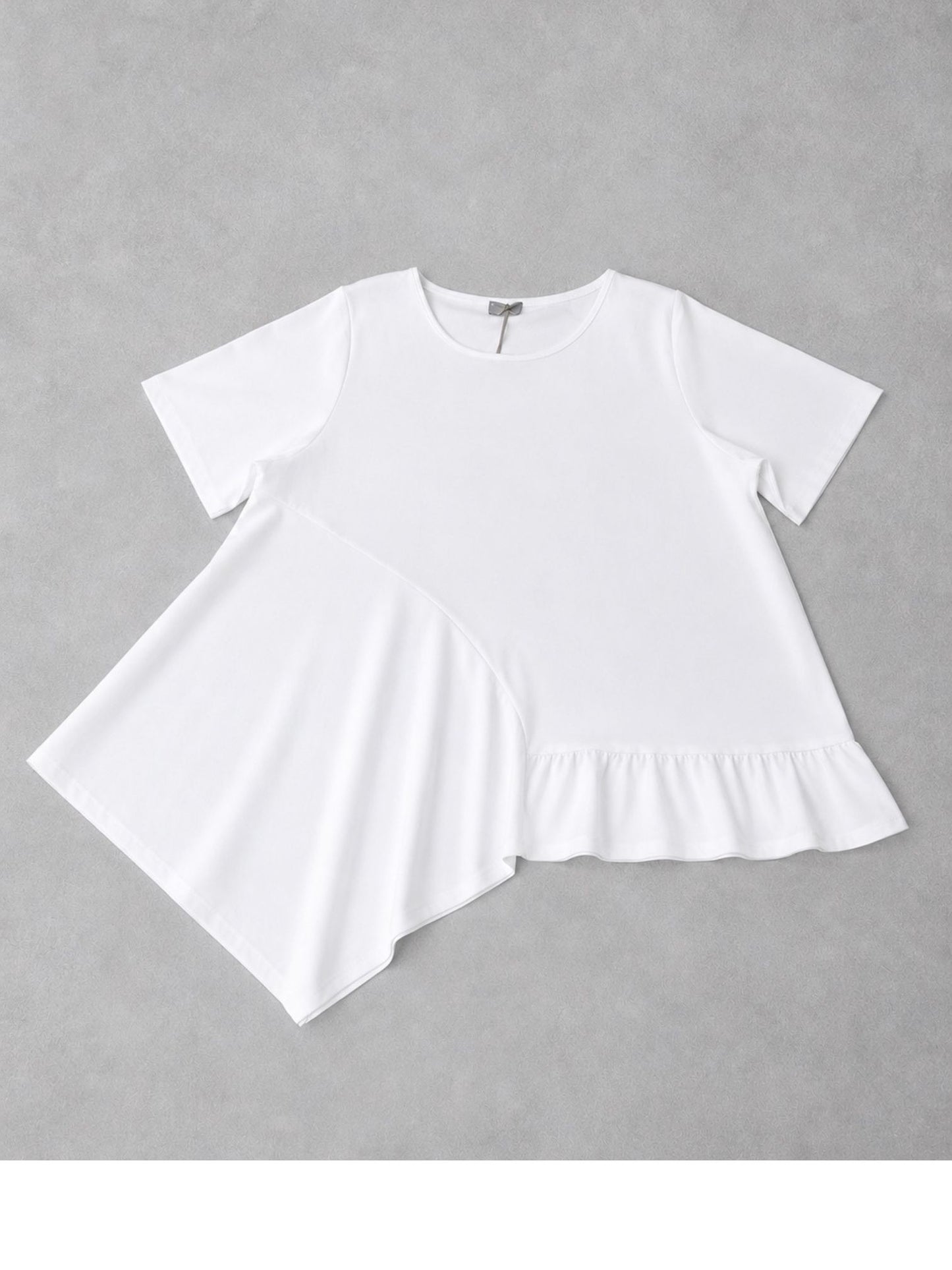 Frenzi Shirt Weiß Volant Asymmetrischer Saum Kurzarm