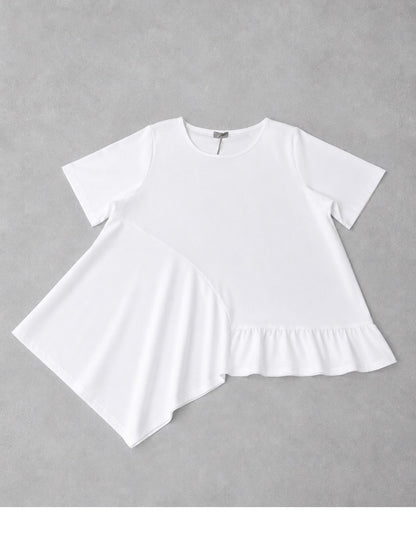 Frenzi Shirt Weiß Volant Asymmetrischer Saum Kurzarm