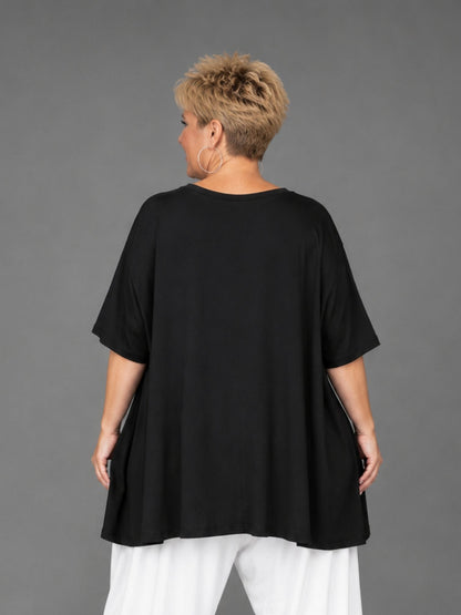 Frenzi A-Linien Shirt Cartoon-Print Schwarz –Over Size  Einheitsgröße 44 - 58