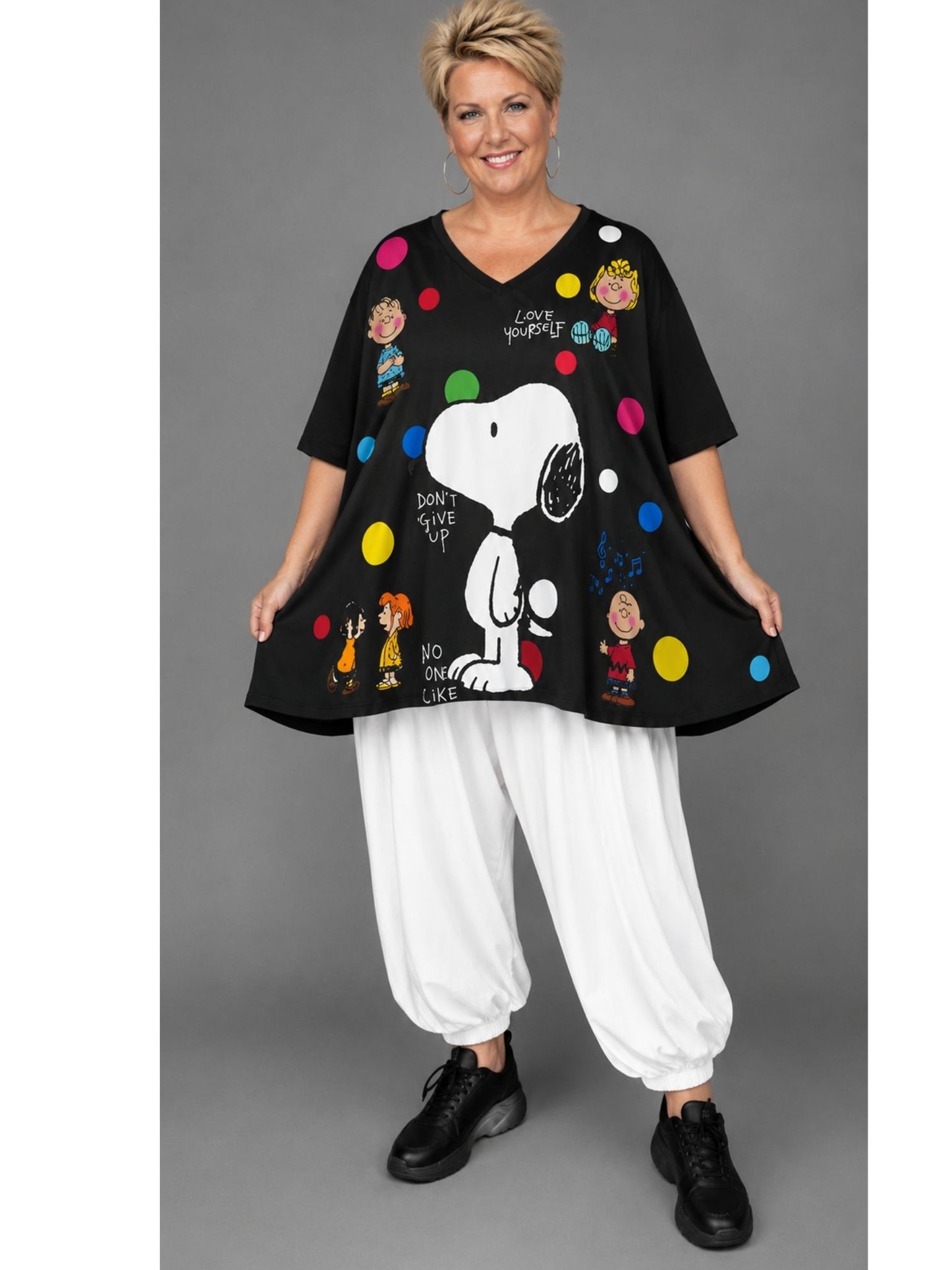 Frenzi A-Linien Shirt Cartoon-Print Schwarz –Over Size  Einheitsgröße 44 - 58