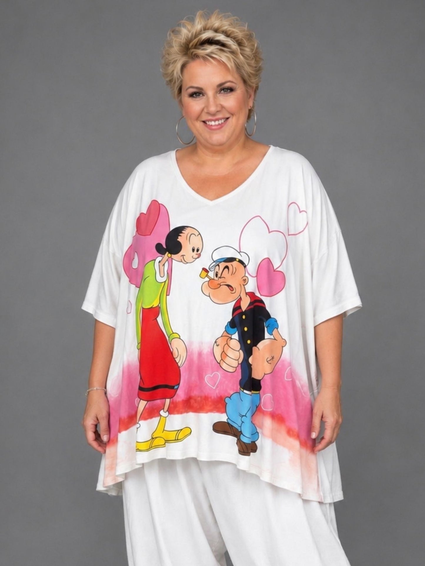 Frenzi A-Linien Shirt Comic-Liebespaar-Print Weiß – Einheitsgröße-Oversize