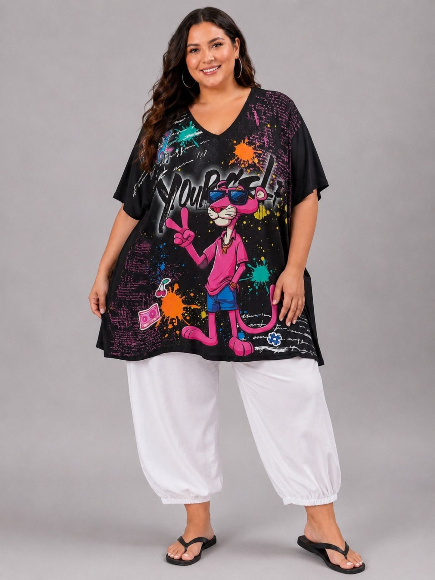 Frenzi A-Linien Shirt Graffiti-Print Schwarz – Einheitsgröße 44–58