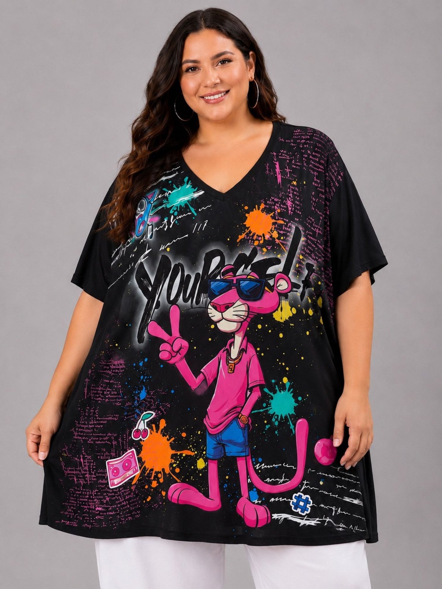 Frenzi A-Linien Shirt Graffiti-Print Schwarz – Einheitsgröße 44–58