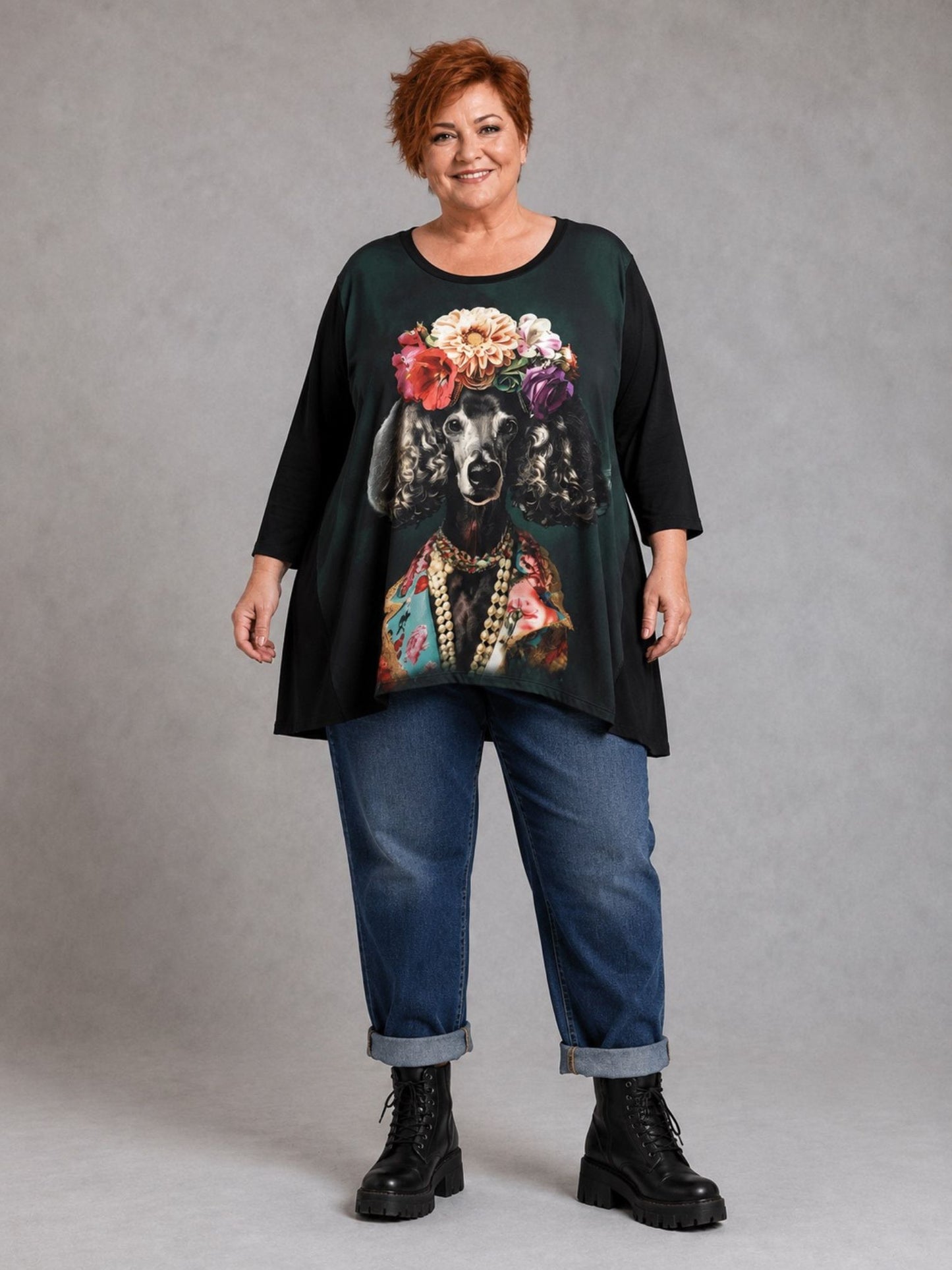 Frenzi Shirt Pudel-Druck Oversize – Einheitsgröße 44–56, Schwarz/Grün