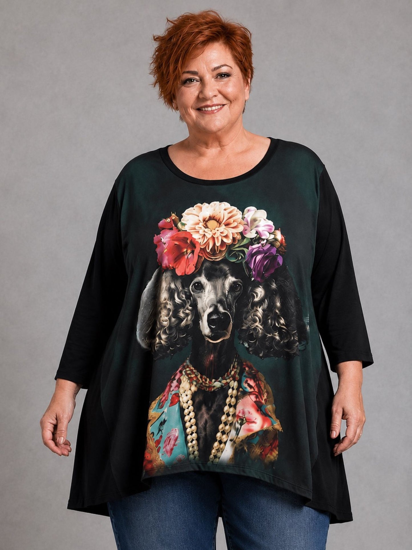 Frenzi Shirt Pudel-Druck Oversize – Einheitsgröße 44–56, Schwarz/Grün