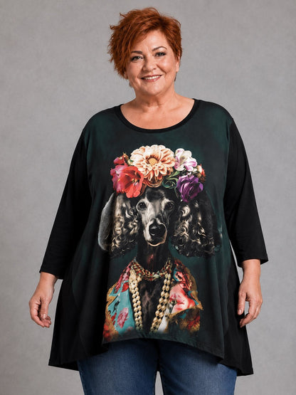 Frenzi Shirt Pudel-Druck Oversize – Einheitsgröße 44–56, Schwarz/Grün