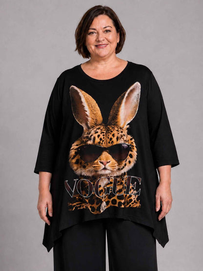 Frenzi Shirt Hasen-Druck im Magazin-Look Oversize – Einheitsgröße 44–56, Schwarz/Braun