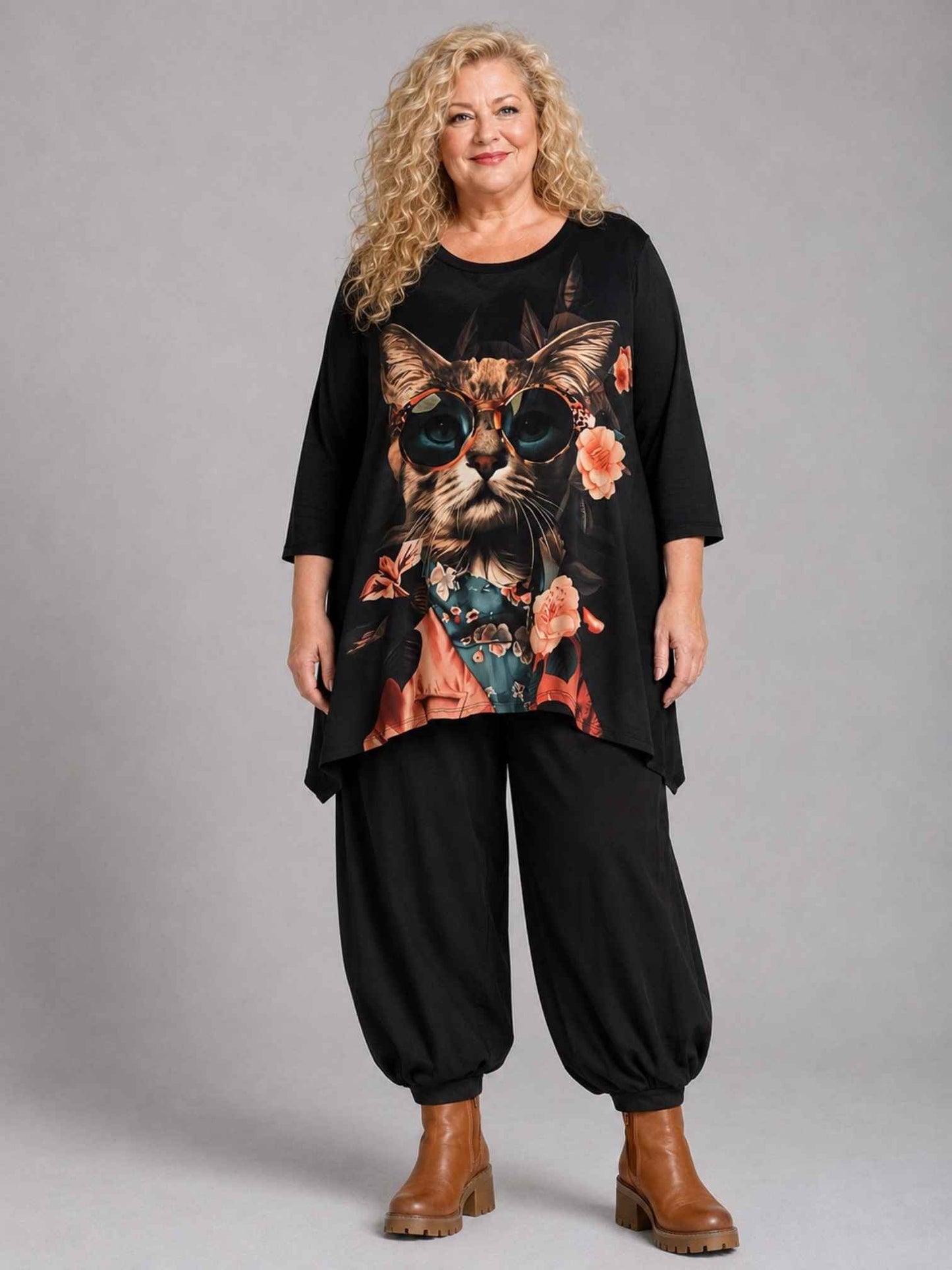 Frenzi Shirt Katzen-Druck mit Sonnenbrille Oversize – Einheitsgröße 44–56, Schwarz/Bunt