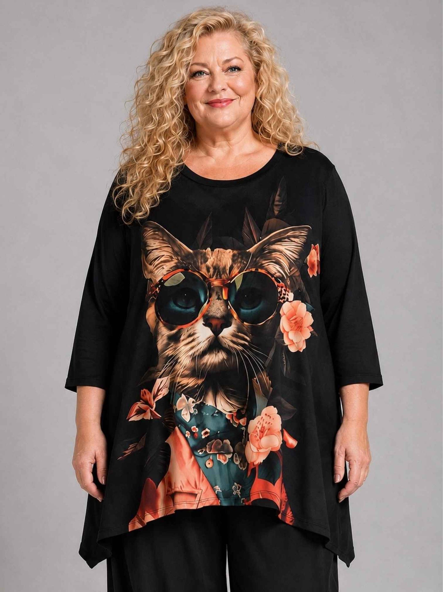 Frenzi Shirt Katzen-Druck mit Sonnenbrille Oversize – Einheitsgröße 44–56, Schwarz/Bunt