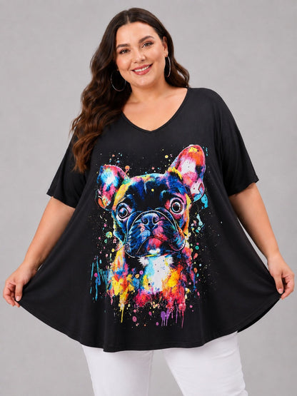 Frenzi Oversize Shirt Pop-Art-Print Schwarz – Einheitsgröße 44–58 Bulldogge