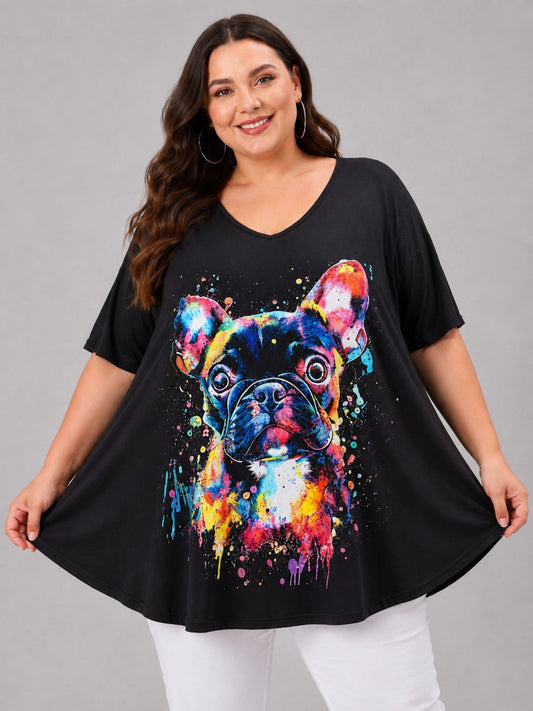 Frenzi Oversize Shirt Pop-Art-Print Schwarz – Einheitsgröße 44–58 Bulldogge