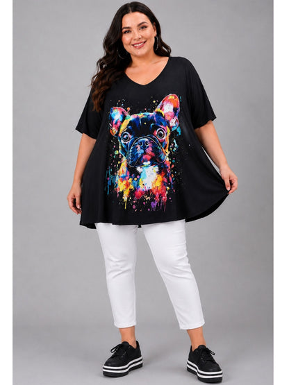 Frenzi Oversize Shirt Pop-Art-Print Schwarz – Einheitsgröße 44–58 Bulldogge