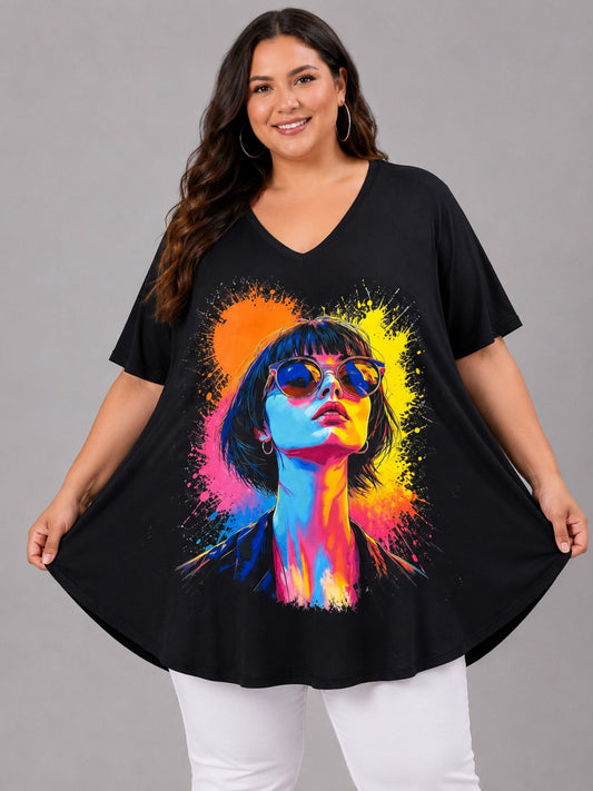Frenzi Oversize Shirt Pop-Art-Print Schwarz – Einheitsgröße 44–58