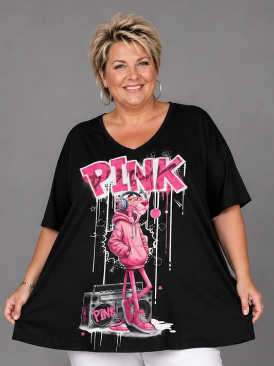 Frenzi Oversize Shirt Comic-Katze Pink – Einheitsgröße 44–58