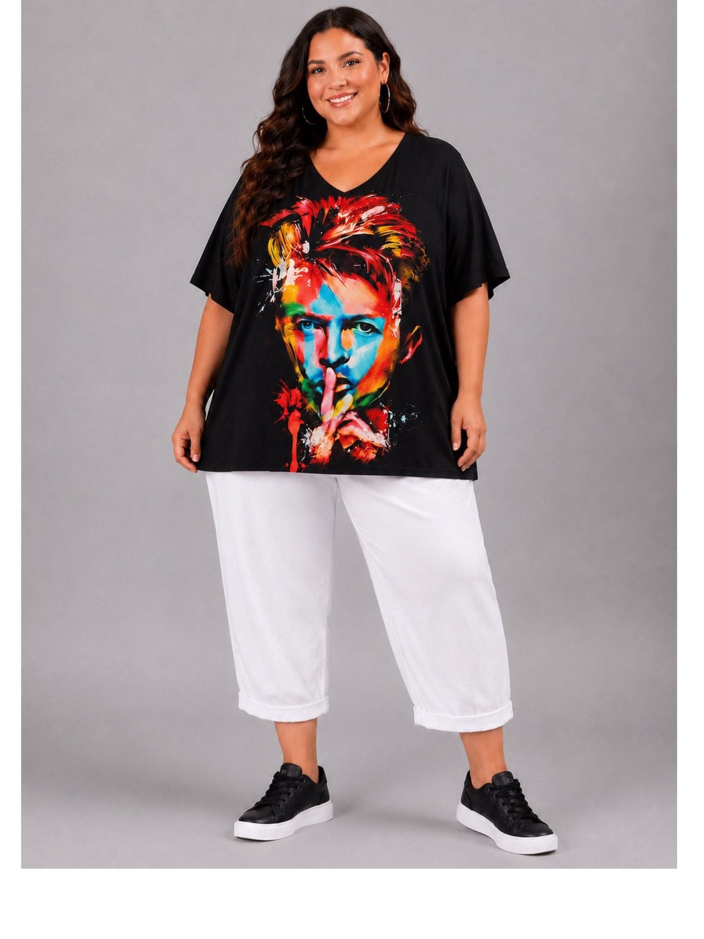 Frenzi Oversize Shirt Pop-Art-Porträt Schwarz – Einheitsgröße 44–58
