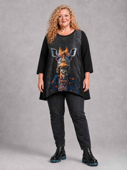 Frenzi Shirt Giraffen-Druck mit Sonnenbrille Oversize – Einheitsgröße 44–56, Schwarz/Bunt
