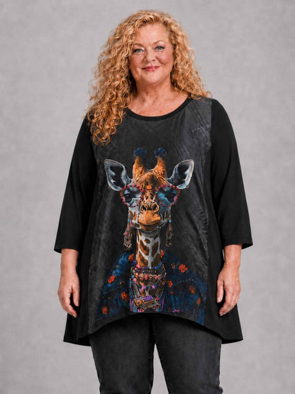 Frenzi Shirt Giraffen-Druck mit Sonnenbrille Oversize – Einheitsgröße 44–56, Schwarz/Bunt