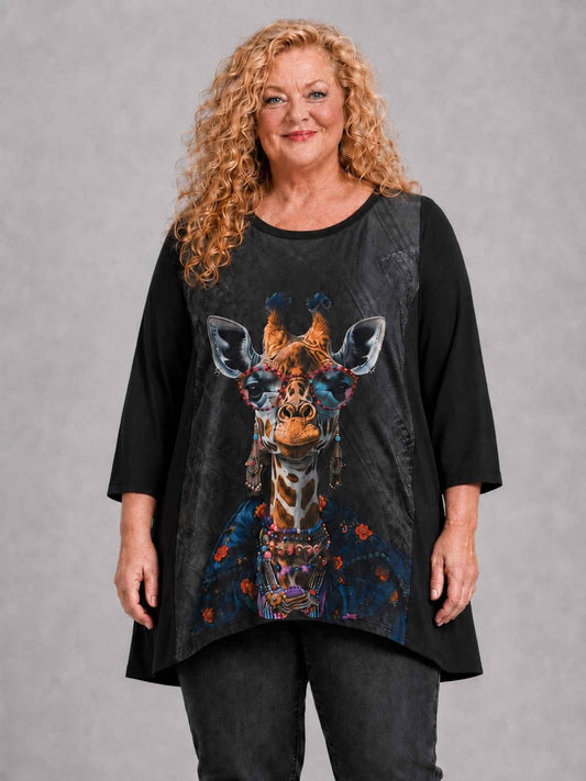 Frenzi Shirt Giraffen-Druck mit Sonnenbrille Oversize – Einheitsgröße 44–56, Schwarz/Bunt
