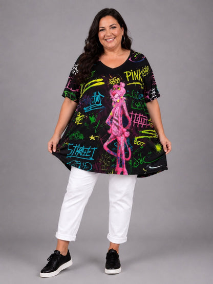 Frenzi Oversize Shirt Graffiti-Print Neon Schwarz – Einheitsgröße 44–58