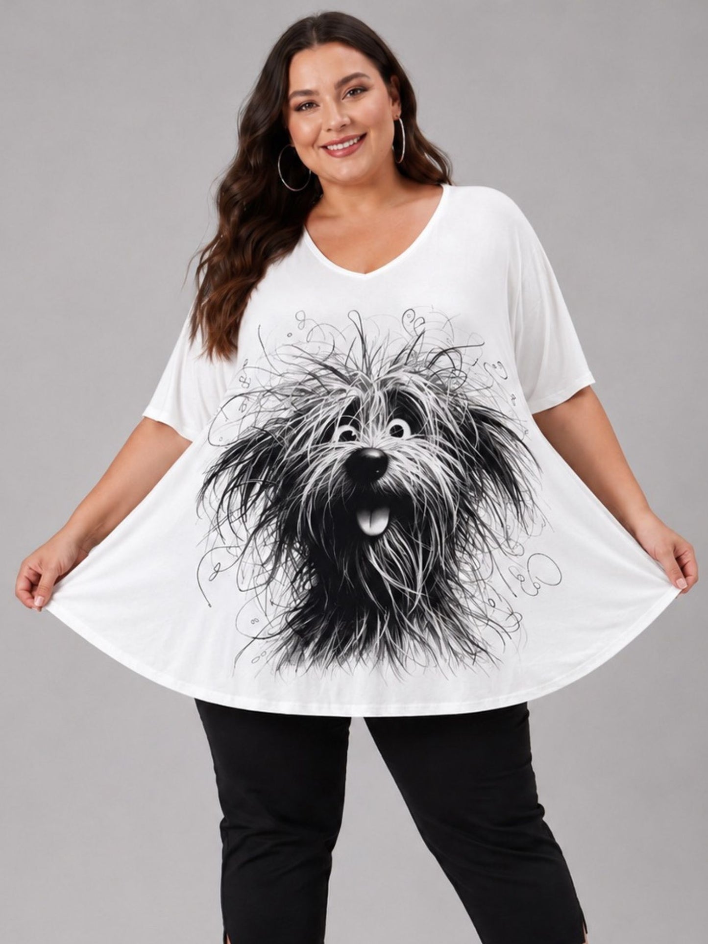 Frenzi Oversize Shirt Hunde-Print Weiß – Einheitsgröße 44–58