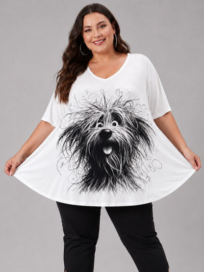 Frenzi Oversize Shirt Hunde-Print Weiß – Einheitsgröße 44–58
