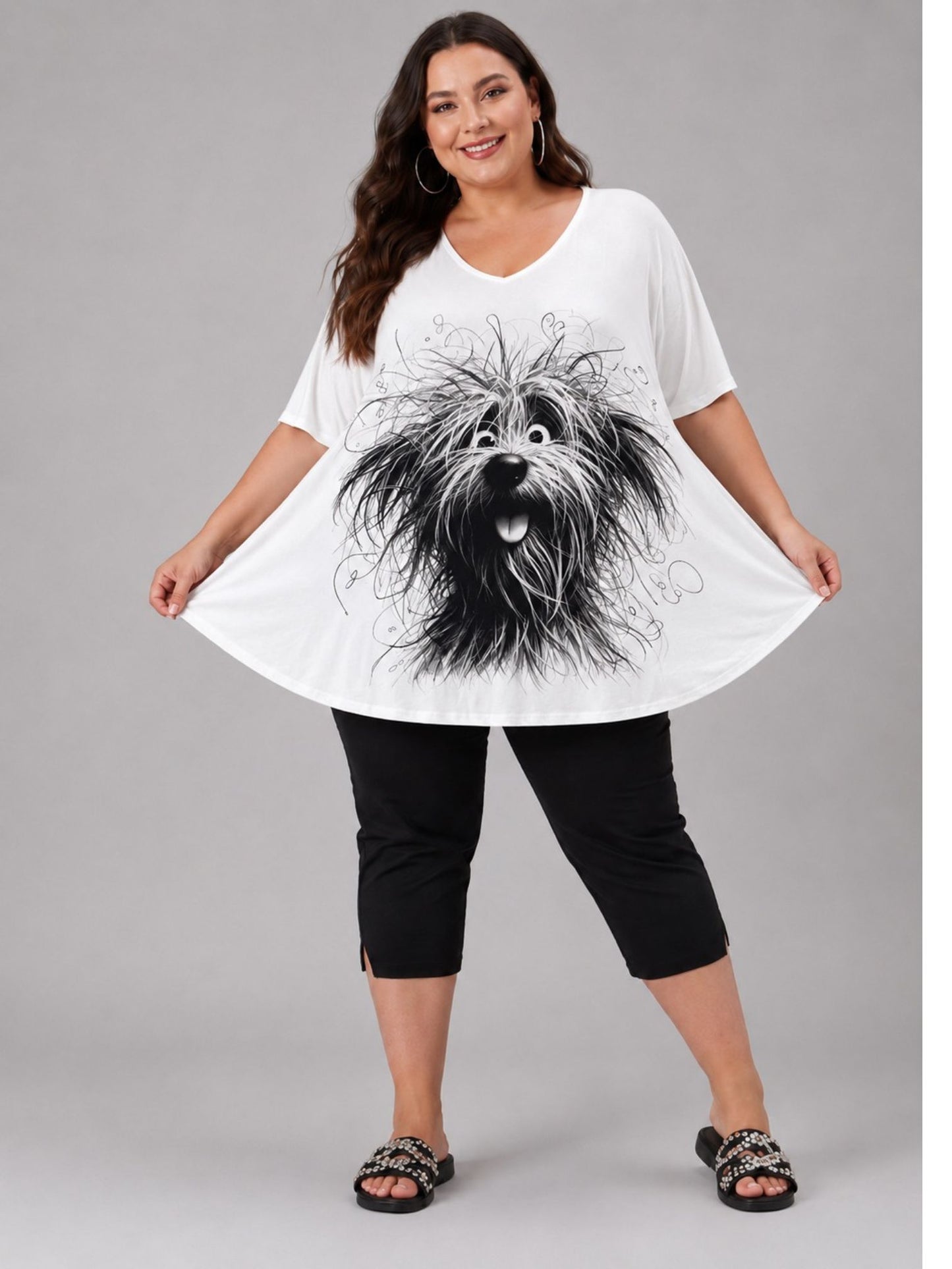 Frenzi Oversize Shirt Hunde-Print Weiß – Einheitsgröße 44–58