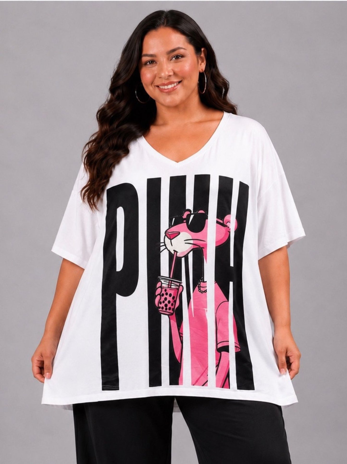 Frenzi Oversize Shirt Print Comic-Katze & PINK Weiß – Einheitsgröße 44–58