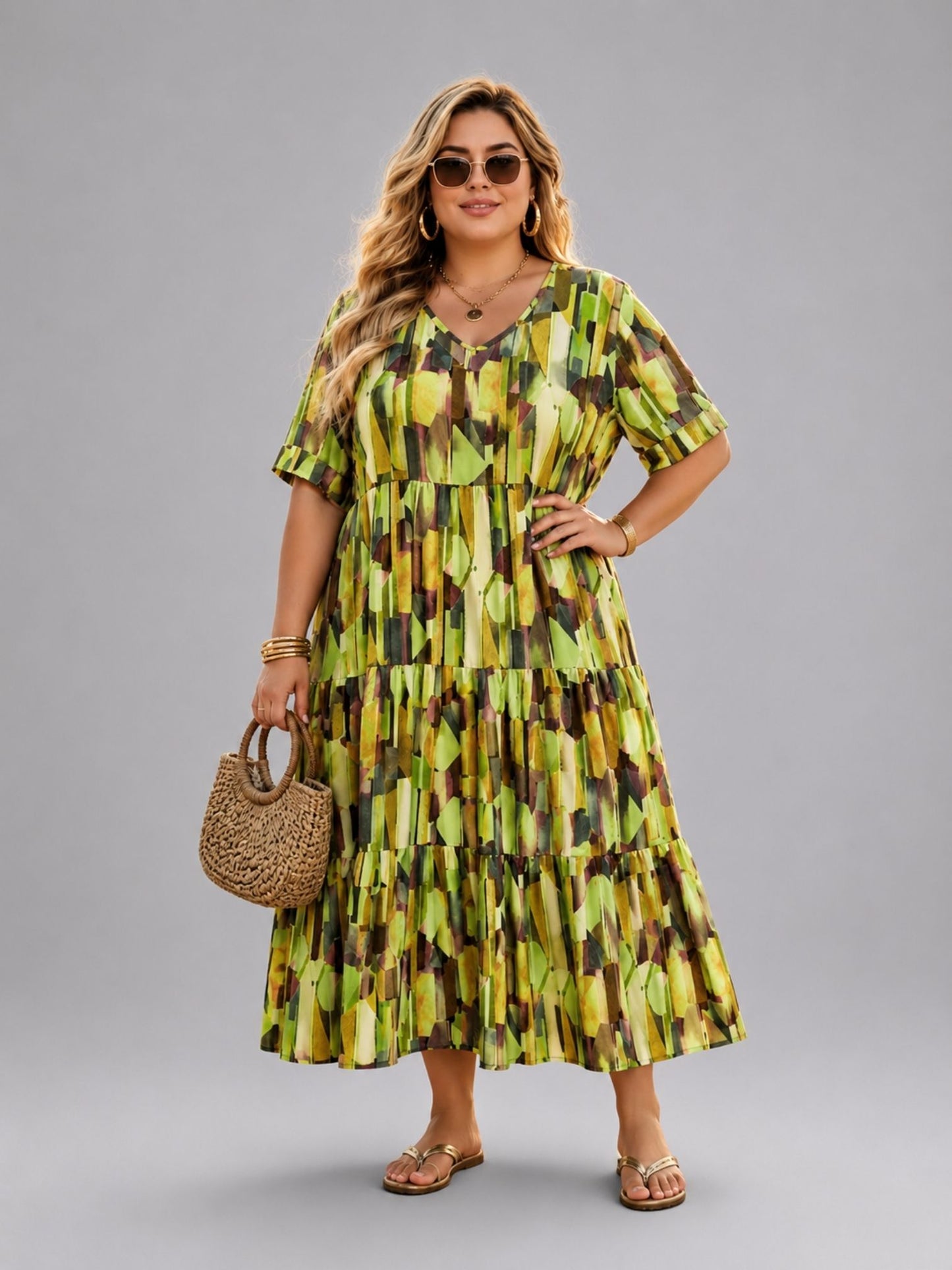 Frenzi Stufenkleid grafischer Print Grün-Olive – Einheitsgröße 44–52
