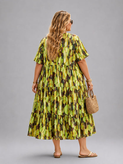 Frenzi Stufenkleid grafischer Print Grün-Olive – Einheitsgröße 44–52