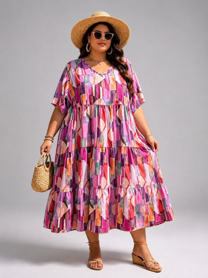 Frenzi Stufenkleid grafischer Print Pink-Bunt – Einheitsgröße 44–52