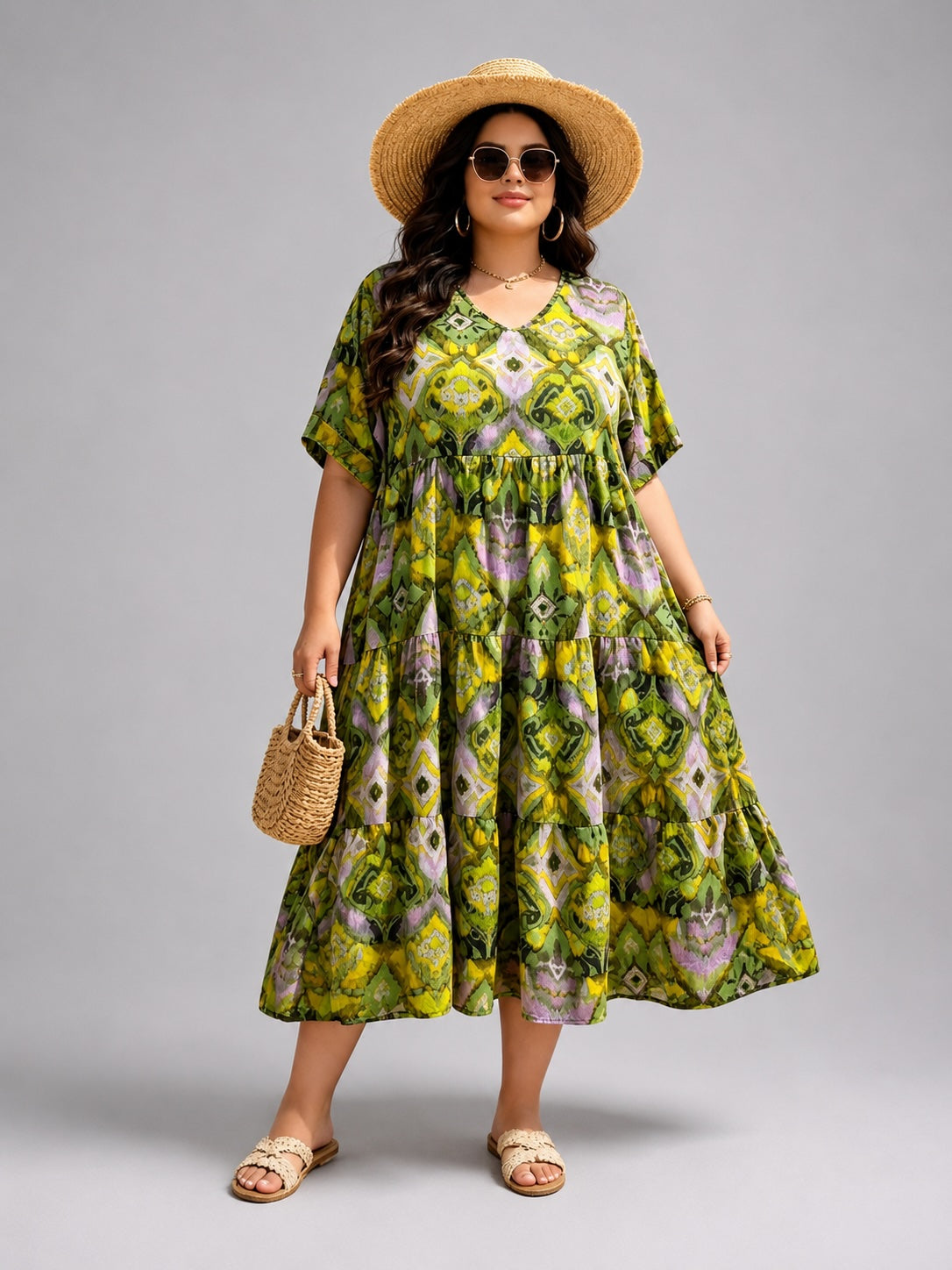 Frenzi Stufenkleid Ikat-Print Türkis-Orange – Einheitsgröße 44–52 (Kopie)