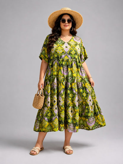 Frenzi Stufenkleid Ikat-Print Türkis-Orange – Einheitsgröße 44–52 (Kopie)