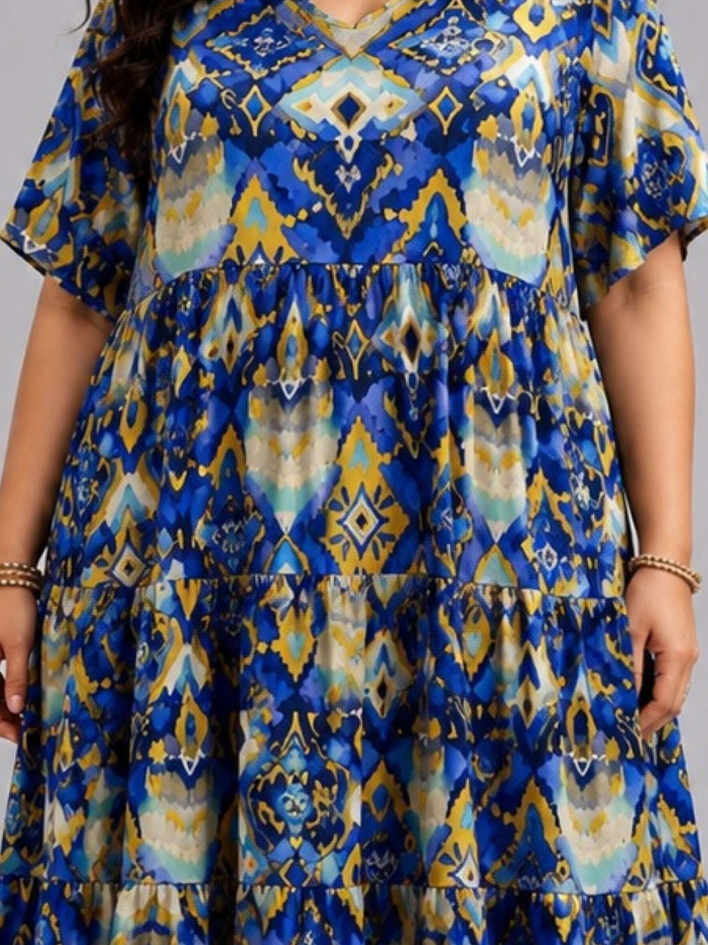 Frenzi Stufenkleid Ikat-Print Blau-Gelb – Einheitsgröße 44–52