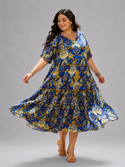 Frenzi Stufenkleid Ikat-Print Blau-Gelb – Einheitsgröße 44–52