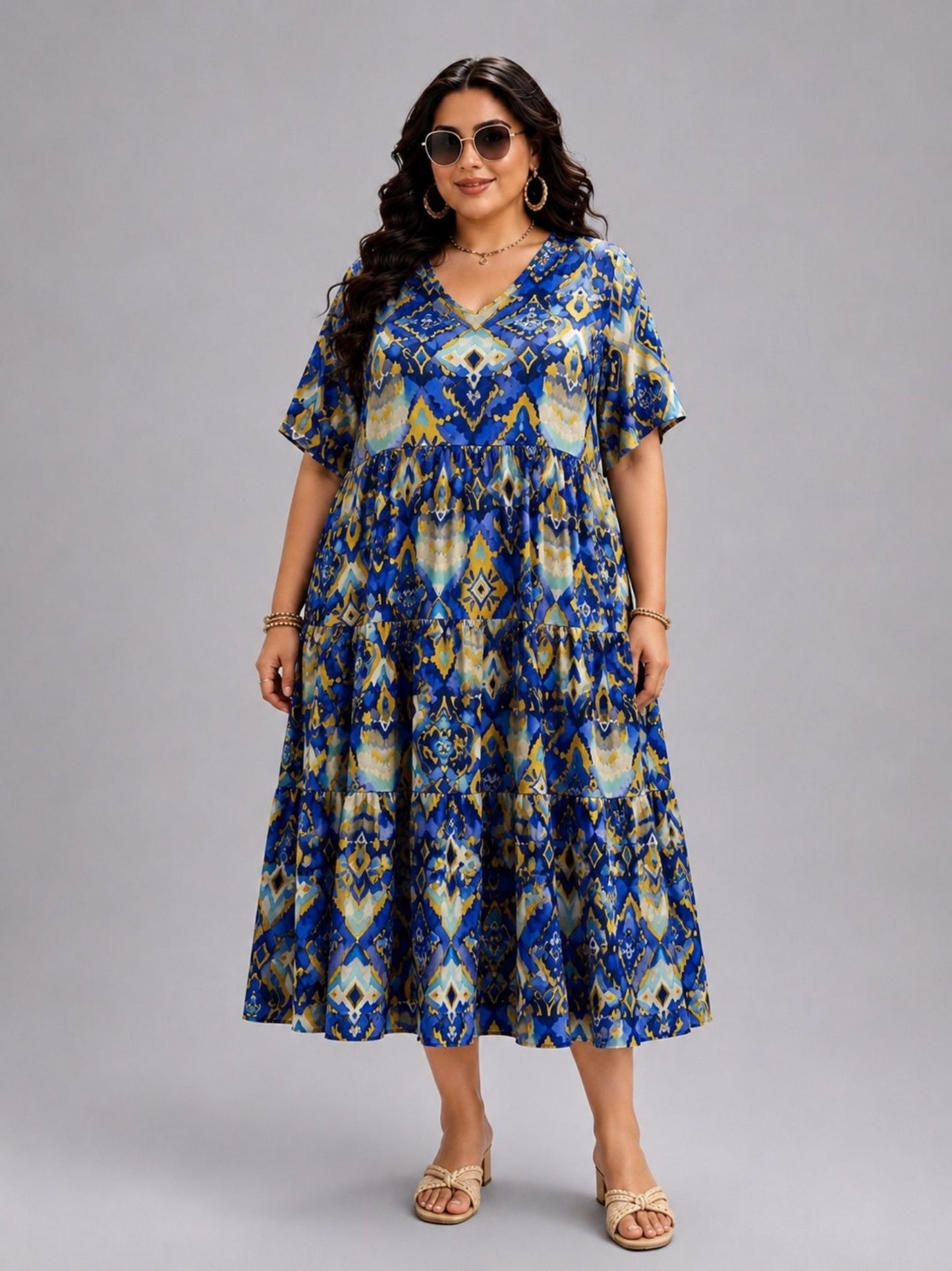 Frenzi Stufenkleid Ikat-Print Blau-Gelb – Einheitsgröße 44–52