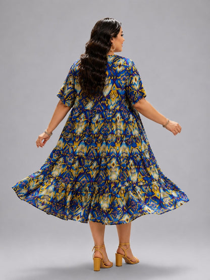 Frenzi Stufenkleid Ikat-Print Blau-Gelb – Einheitsgröße 44–52