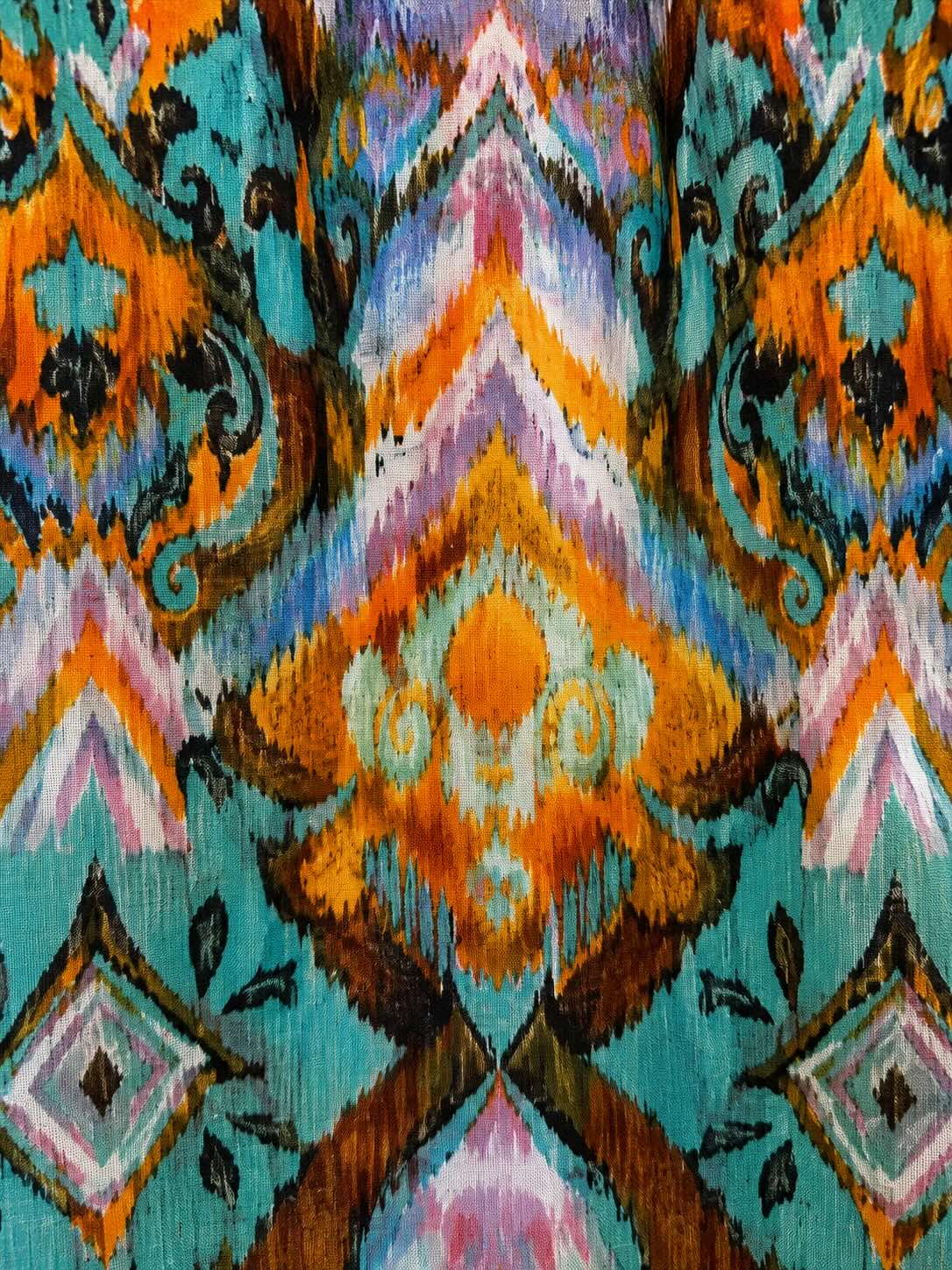 Frenzi Stufenkleid Ikat-Print Ocker-Petrol – Einheitsgröße 44–52