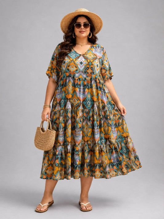 Frenzi Stufenkleid Ikat-Print Ocker-Petrol – Einheitsgröße 44–52