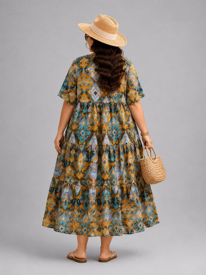 Frenzi Stufenkleid Ikat-Print Ocker-Petrol – Einheitsgröße 44–52