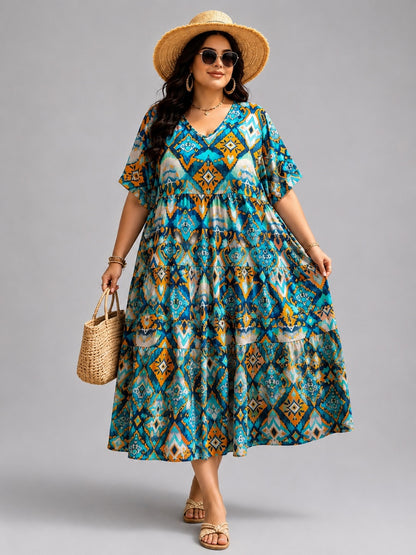 Frenzi Stufenkleid Ikat-Print Türkis-Orange – Einheitsgröße 44–52