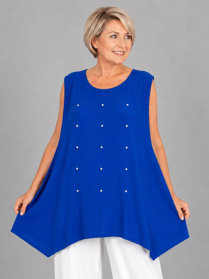 Frenzi Top mit Strassnieten – ärmellos, asymmetrischer Saum – in 5 Farben – Einheitsgröße 46–56