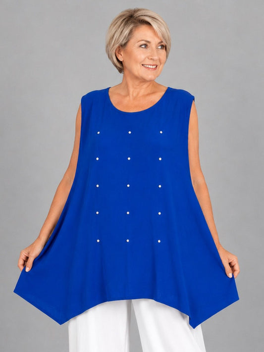 Frenzi Top mit Strassnieten – ärmellos, asymmetrischer Saum – in 5 Farben – Einheitsgröße 46–56