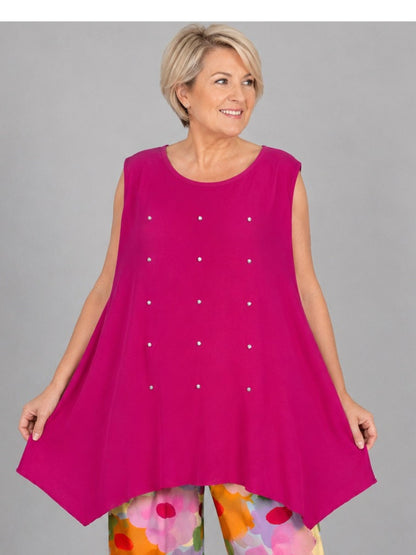 Frenzi Top mit Strassnieten – ärmellos, asymmetrischer Saum – in 5 Farben – Einheitsgröße 46–56
