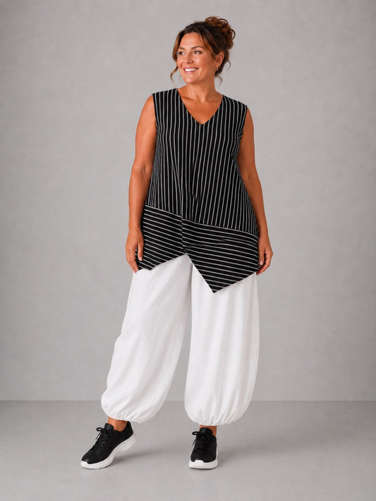 Frenzi Top Viskose Streifen-Lagenlook ärmellos – Schwarz/Weiß, Weiß/Schwarz & Graublau/Weiß, Einheitsgröße 46–52