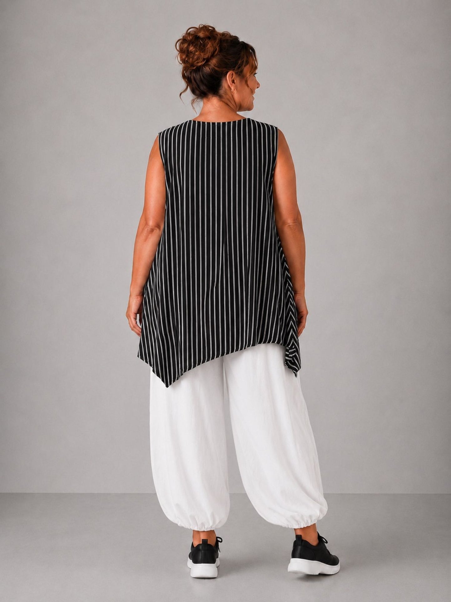 Frenzi Top Viskose Streifen-Lagenlook ärmellos – Schwarz/Weiß, Weiß/Schwarz & Graublau/Weiß, Einheitsgröße 46–52