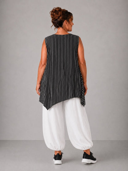 Frenzi Top Viskose Streifen-Lagenlook ärmellos – Schwarz/Weiß, Weiß/Schwarz & Graublau/Weiß, Einheitsgröße 46–52