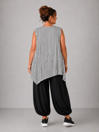 Frenzi Top Viskose Streifen-Lagenlook ärmellos – Schwarz/Weiß, Weiß/Schwarz & Graublau/Weiß, Einheitsgröße 46–52