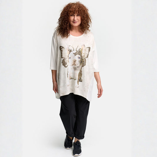 Frenzi4u A-Linie Shirt Französische Bulldogge Glitzerprint Creme