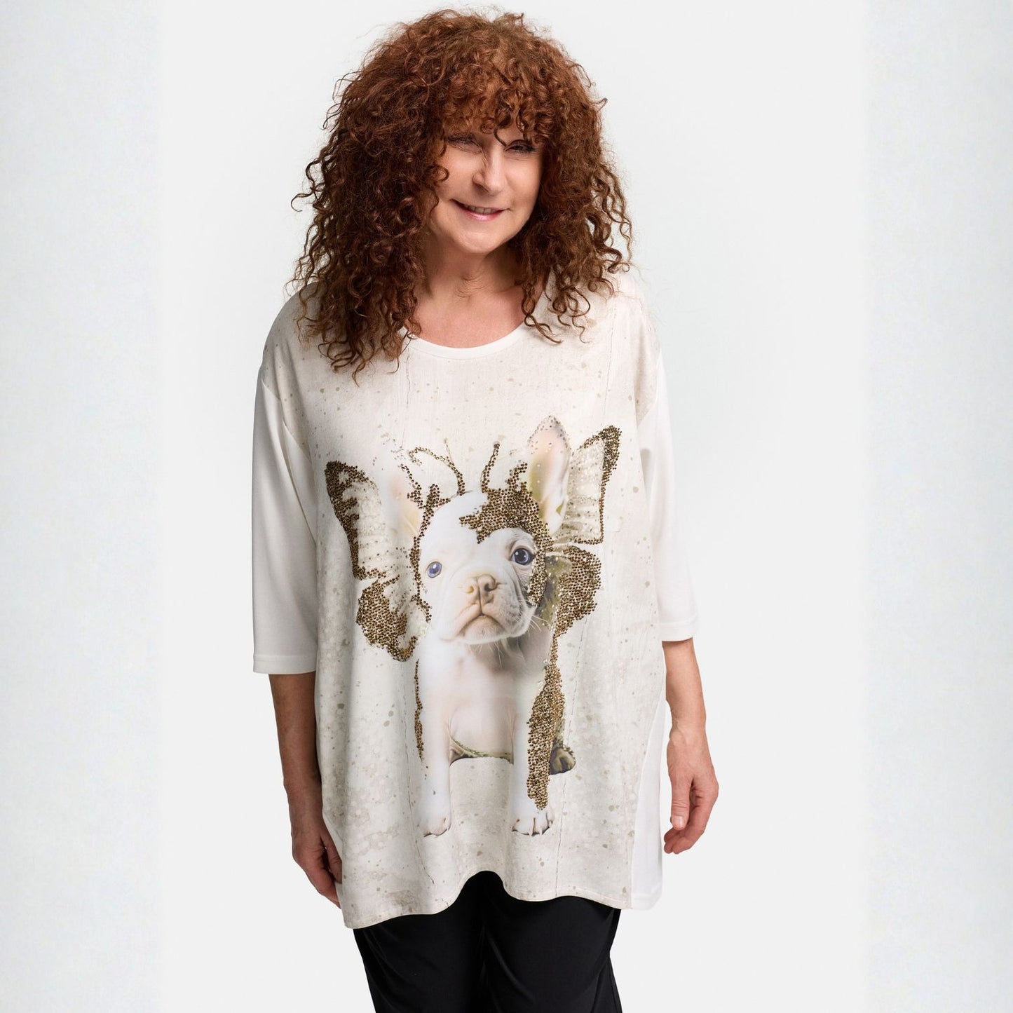 Frenzi4u A-Linie Shirt Französische Bulldogge Glitzerprint Creme